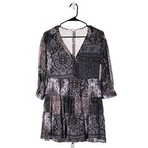 Zara Women's Dress Paisley Button V-Neck Patchwork 3/4 Sleeve Mini Fit Flare XS